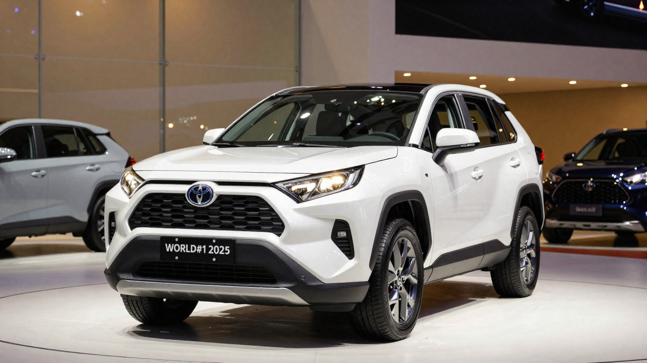 SUV branco da Toyota modelo 2025 exposto em salão automotivo, com outros veículos ao fundo.