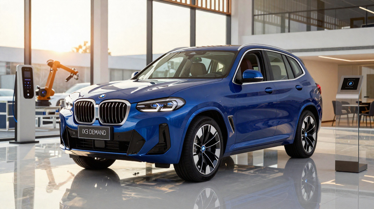Carro elétrico BMW iX3 azul exibido em ambiente moderno e iluminado, com estação de carregamento ao fundo.