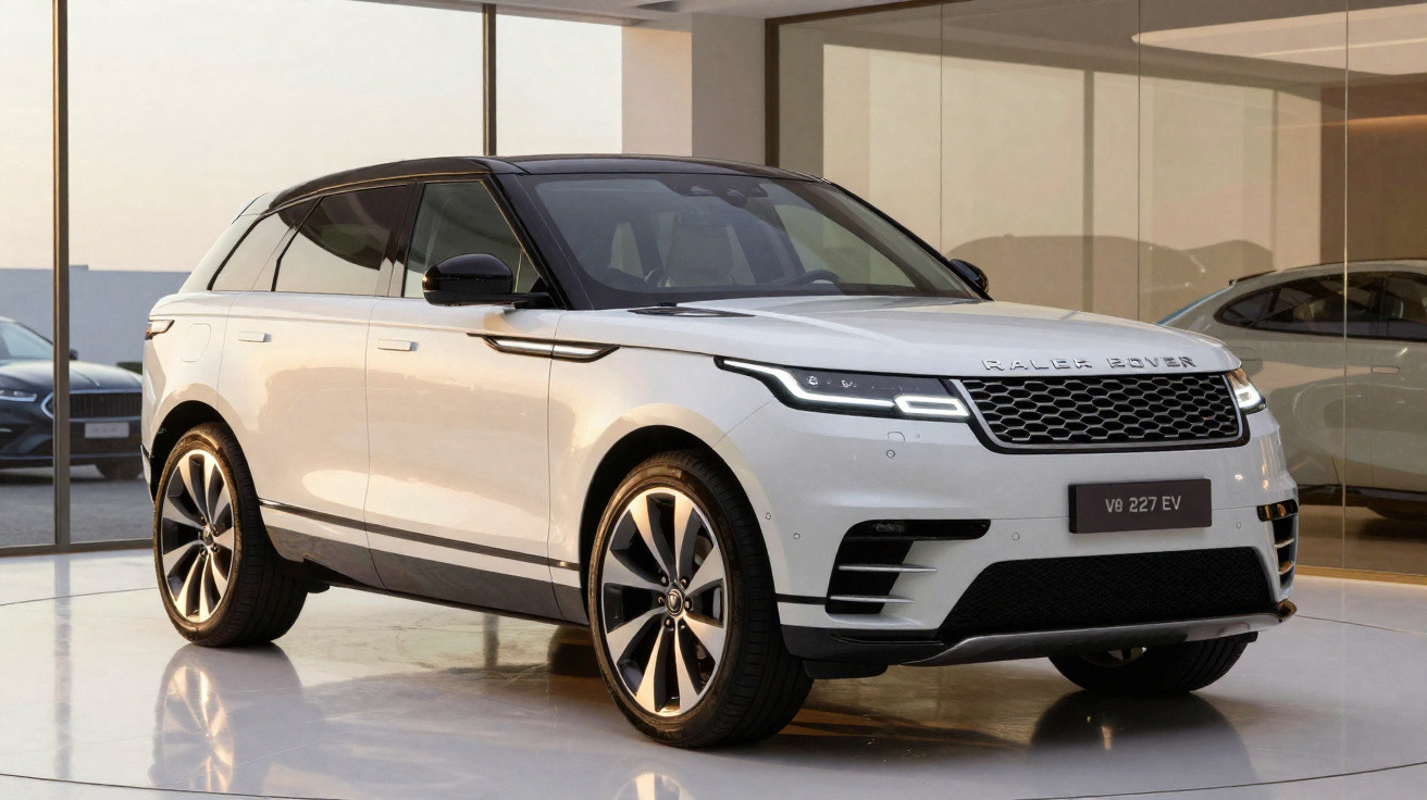 SUV branco Range Rover V8 227 EV estacionado em showroom com chão refletivo e parede de vidro atrás.