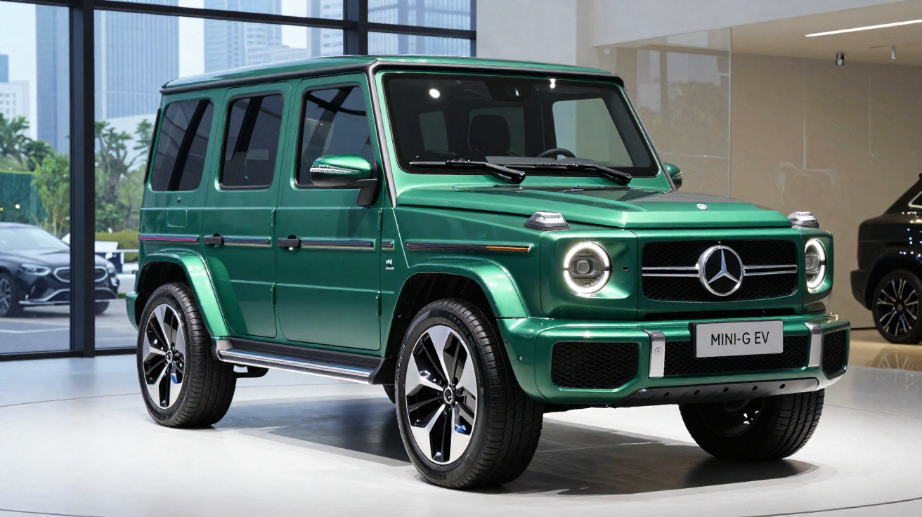 Carro elétrico Mercedes-Benz G-Class verde exposto em showroom moderno com luz natural.
