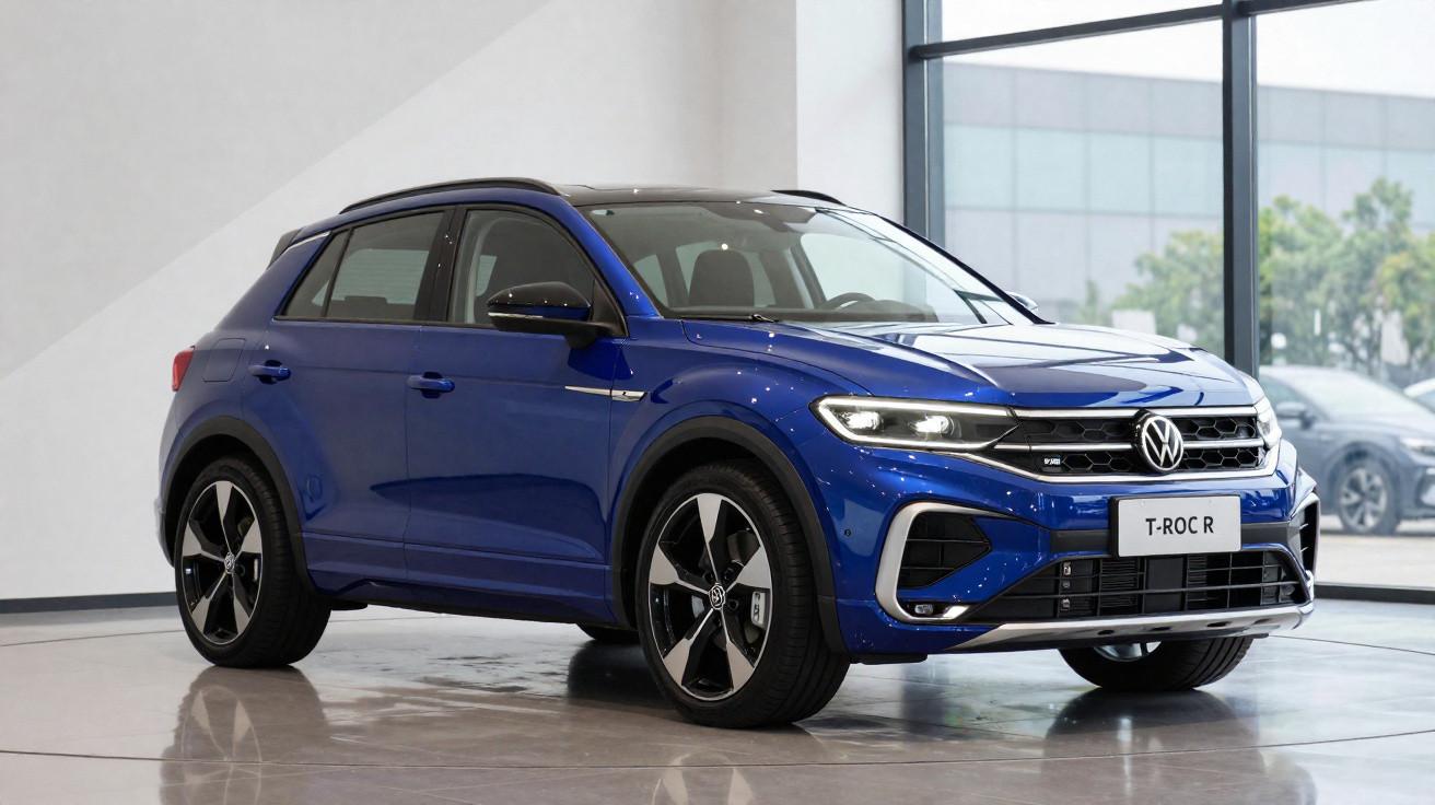 Carro Volkswagen T-Roc R azul exibido em ambiente interno com iluminação natural e piso refletivo.