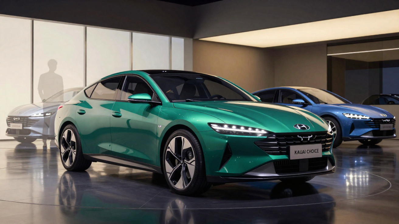 Carros elétricos Hyundai Kauai Choice exibidos em showroom moderno com iluminação suave.