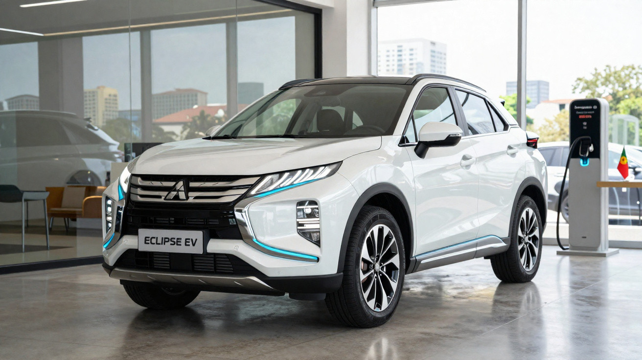SUV elétrico branco Mitsubishi Eclipse EV em showroom, com estação de carregamento ao fundo.