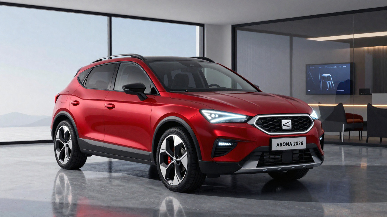 SUV vermelho Seat Arona 2026 estacionado em ambiente interno moderno com piso refletivo.