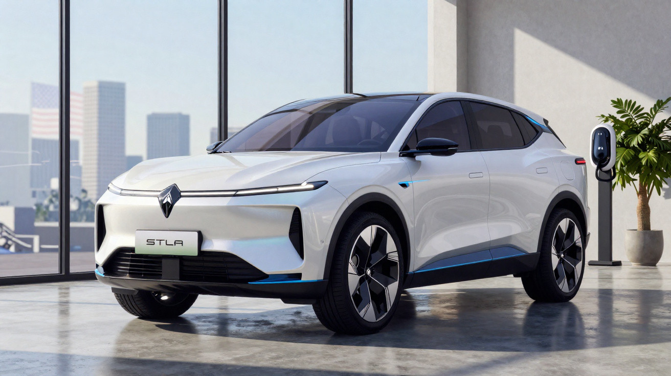Carro elétrico branco modelo STLA em ambiente interno moderno com vidro e planta ao fundo.