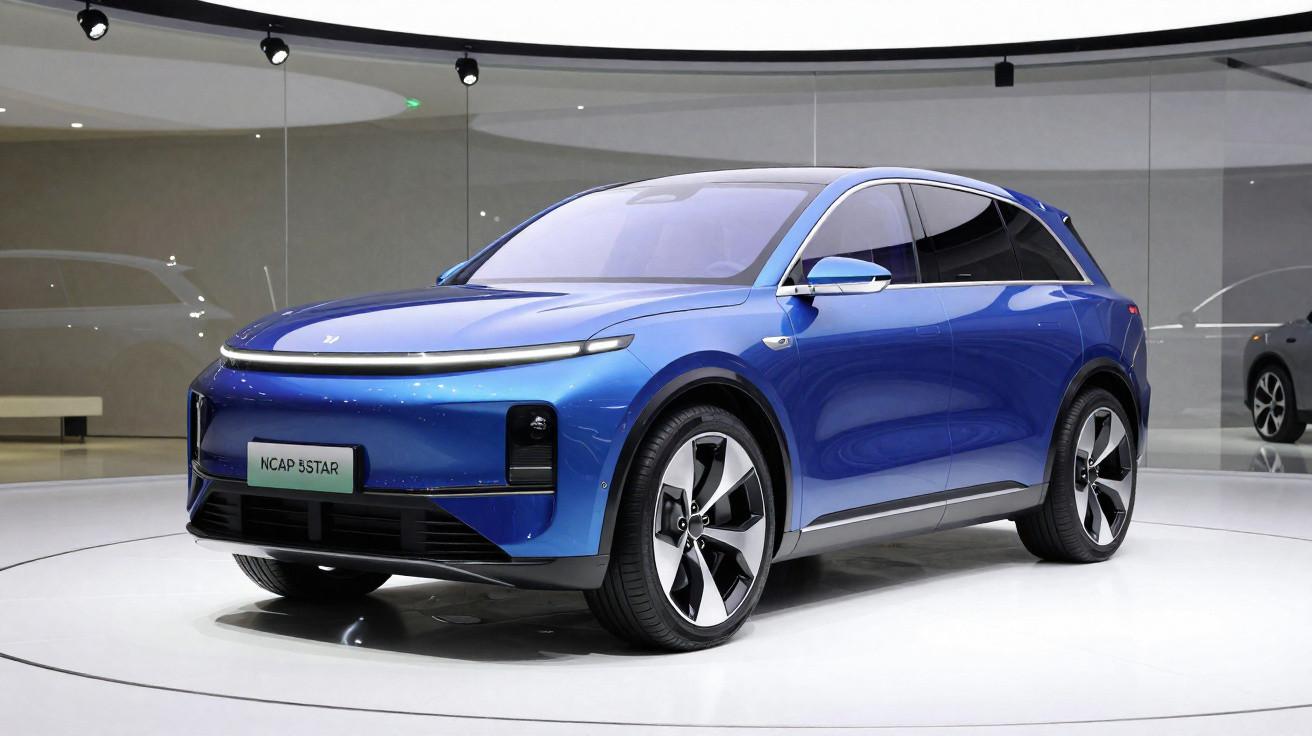 Carro elétrico SUV azul exibido em salão, design moderno com faróis finos e rodas grandes.