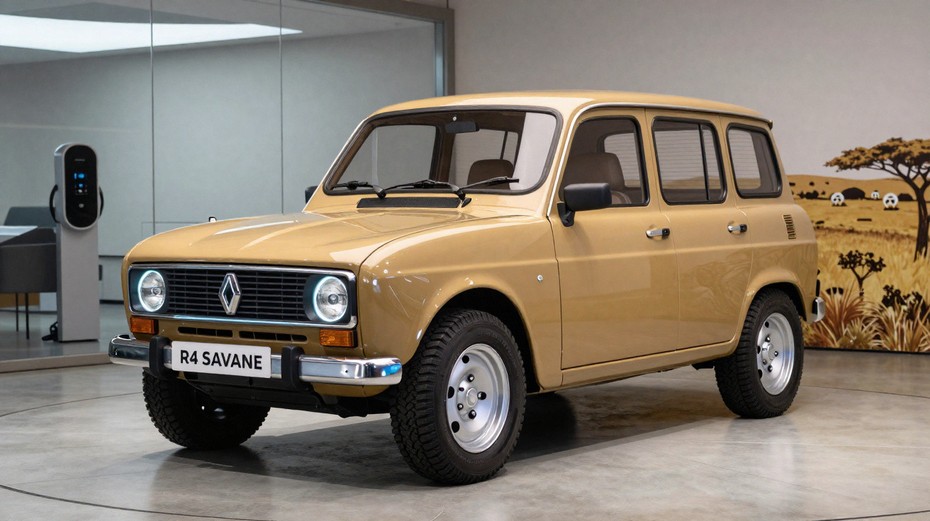 Carro Renault R4 Savane bege estacionado em ambiente interno moderno com parede decorada.
