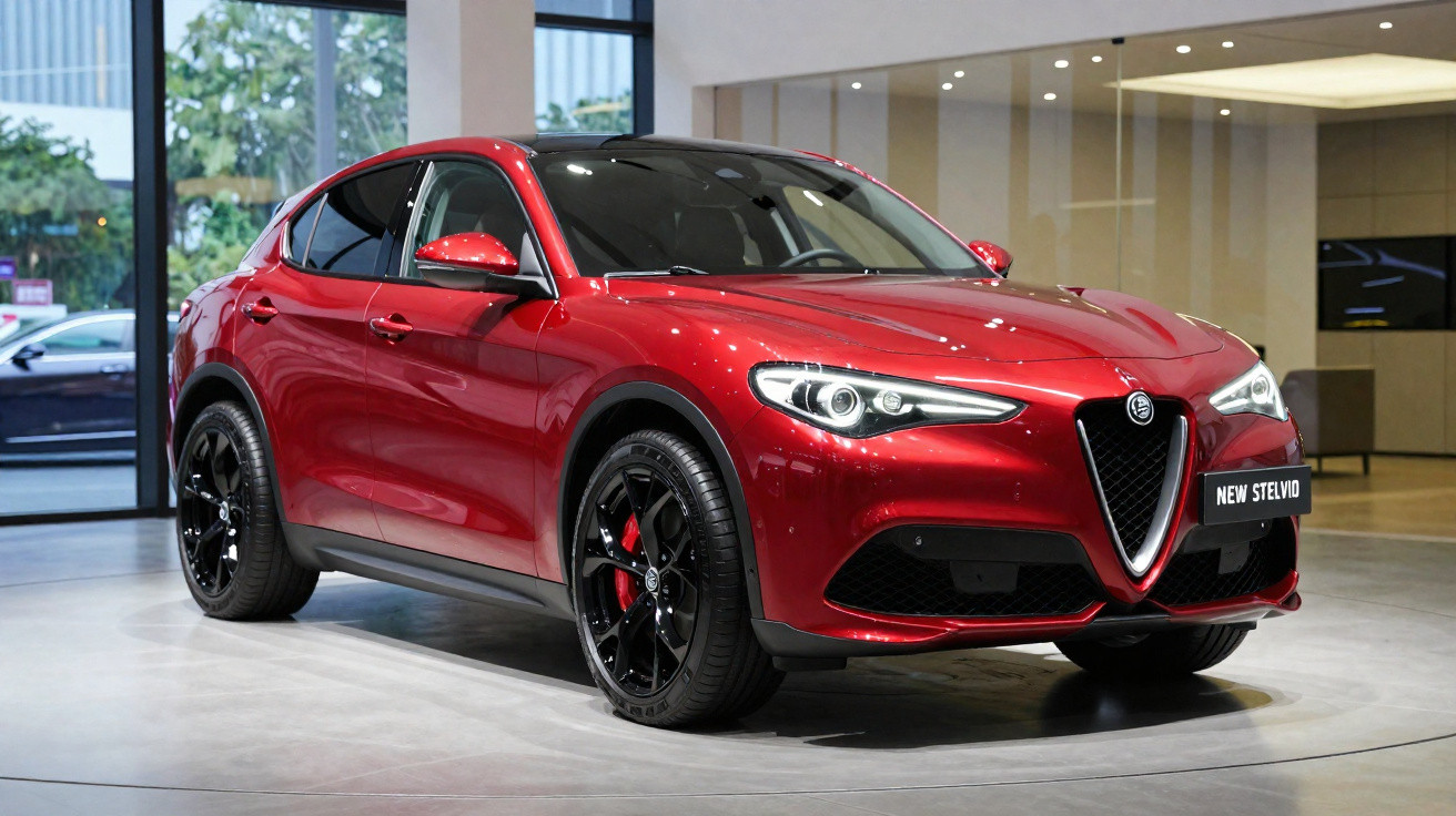 Carro SUV Alfa Romeo Stelvio vermelho em exposição em showroom moderno.