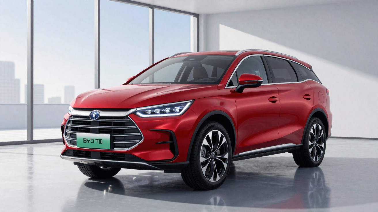 SUV vermelho BYD T10 estacionado em ambiente interno com grandes janelas de vidro.