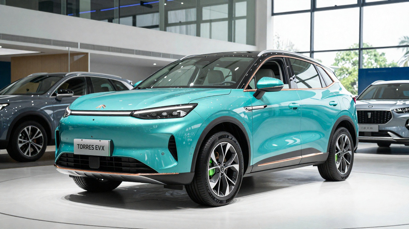 Carro SUV elétrico azul Tiffany modelo Torres EVX exibido em salão automotivo moderno e iluminado.