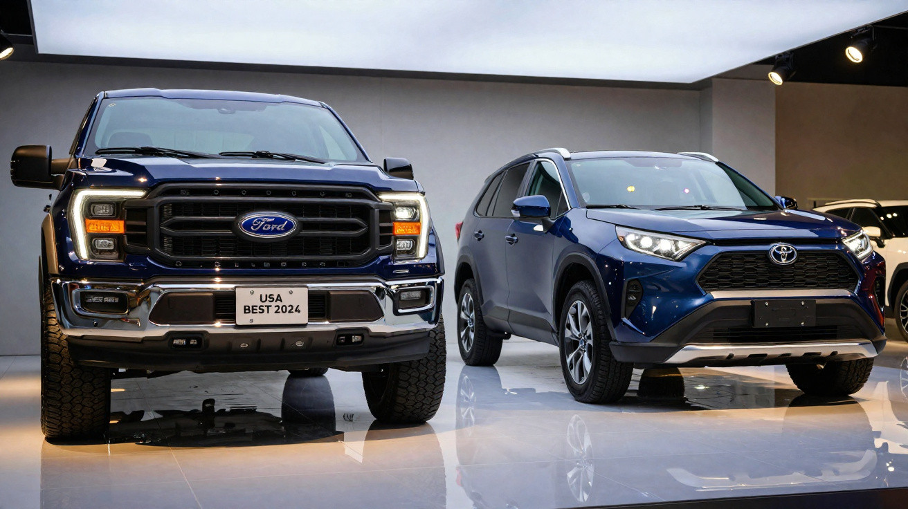 Picape Ford e SUV Toyota azul estacionados lado a lado em ambiente interno com piso refletivo.