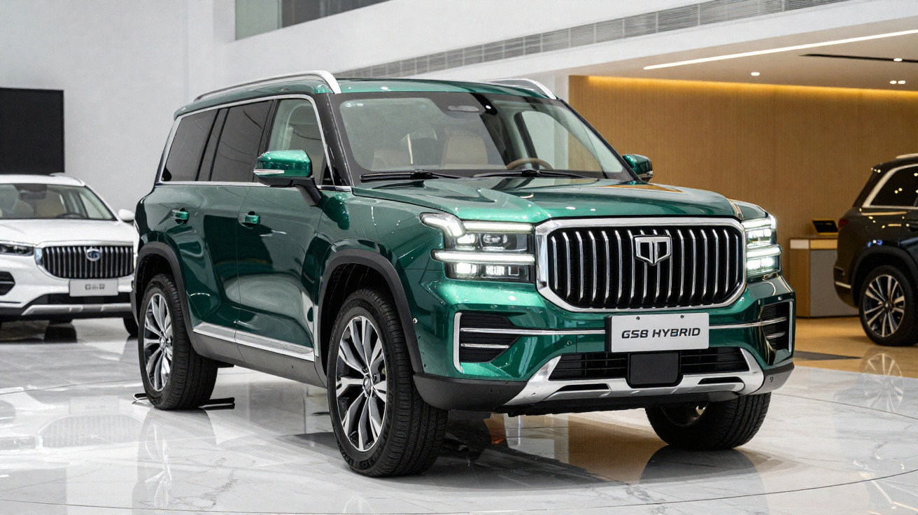 SUV verde metálico G58 Hybrid exibido em showroom moderno com iluminação branca e piso brilhante.