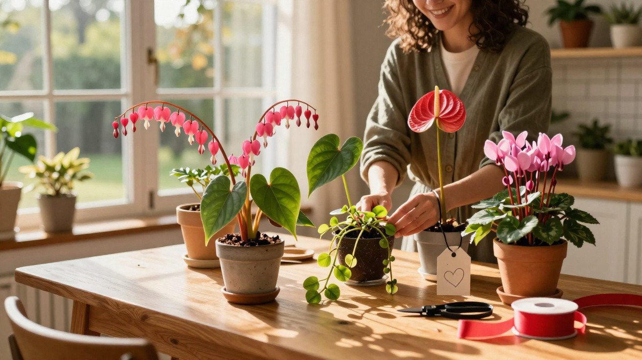 Mulher cuidando de plantas em vaso sobre mesa de madeira em ambiente iluminado pela luz natural.