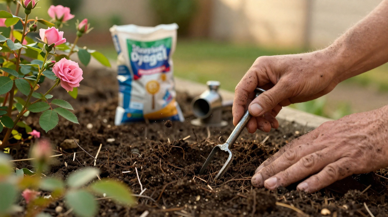 Mãos preparando solo com mini ancinho para plantio, ao lado de rosa rosa e saco de fertilizante.
