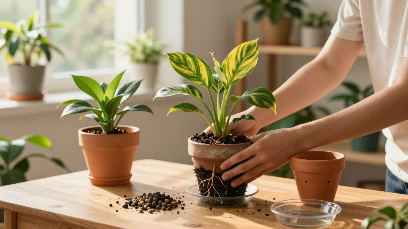 Pessoa transplantando planta com folhas verdes e amarelas em vaso de barro sobre mesa de madeira.