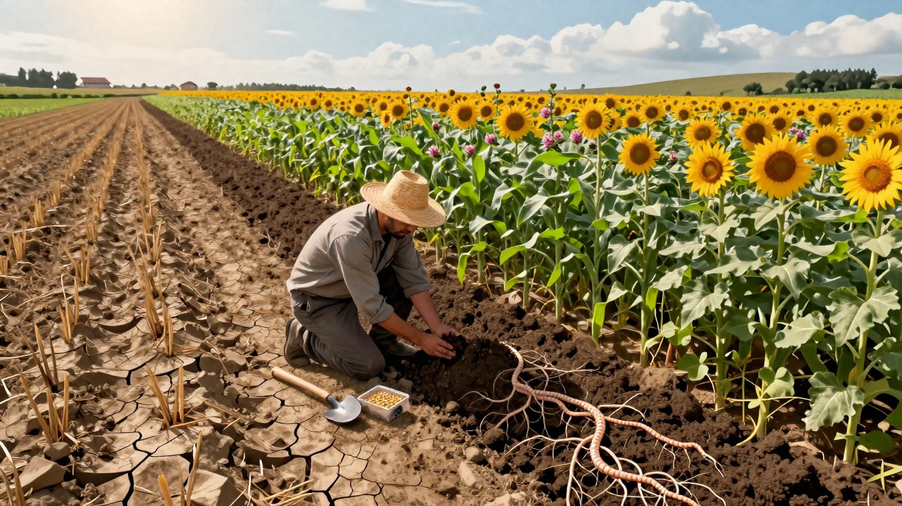 Agricultor com chapéu plantando sementes em solo fértil ao lado de campo de girassóis sob céu azul.