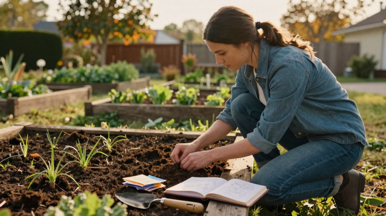 Mulher jovem plantando sementes em canteiro com caderno e ferramentas de jardim ao lado.