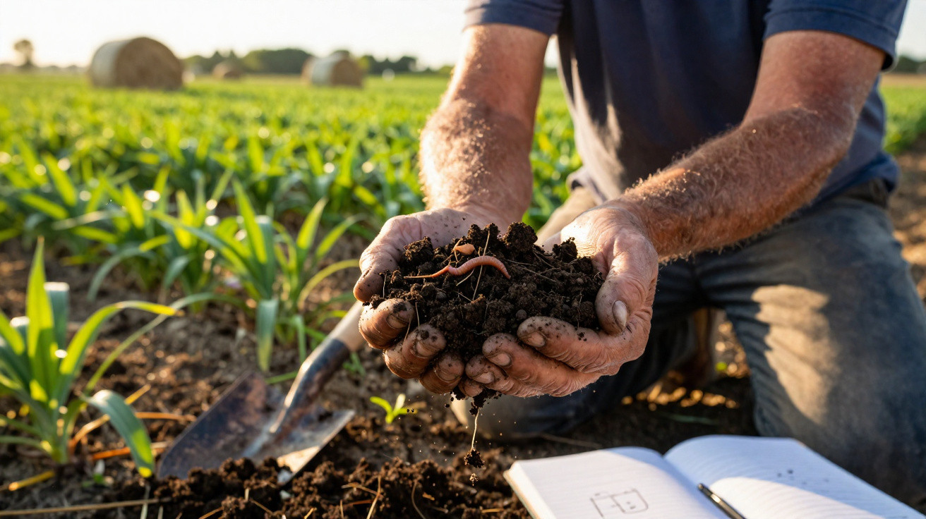 Homem segura terra com minhoca em plantação durante análise agrícola ao ar livre.