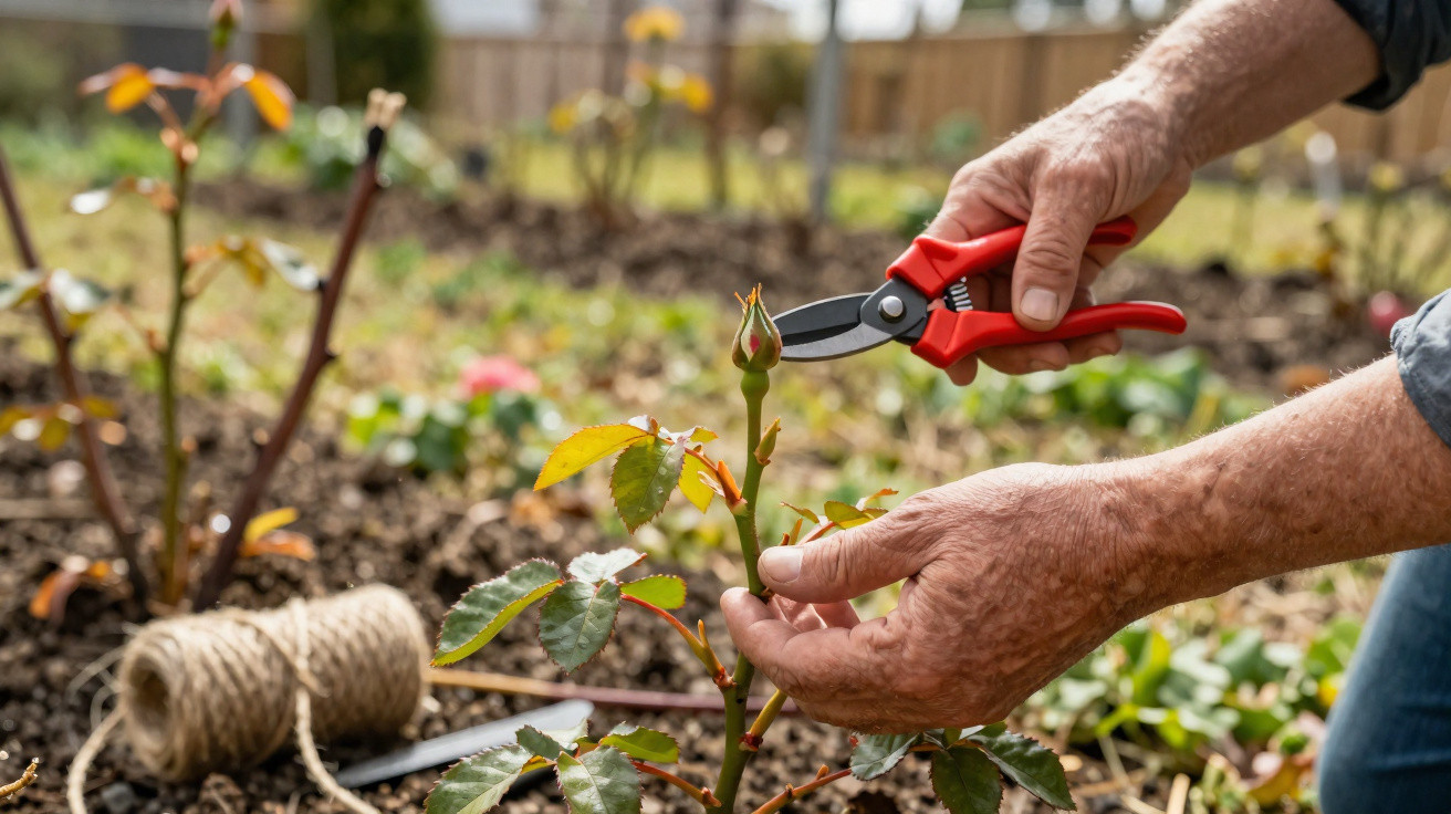 Mãos podando broto de rosa com tesoura de jardim em canteiro com terra e corda ao lado.