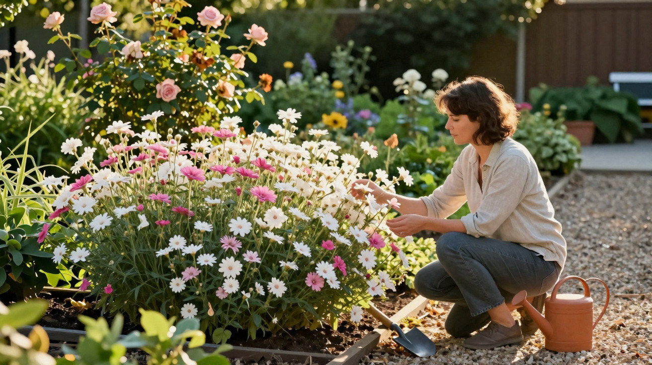 Mulher cuidando de flores brancas e rosa em jardim ensolarado, com regador e pá ao lado.