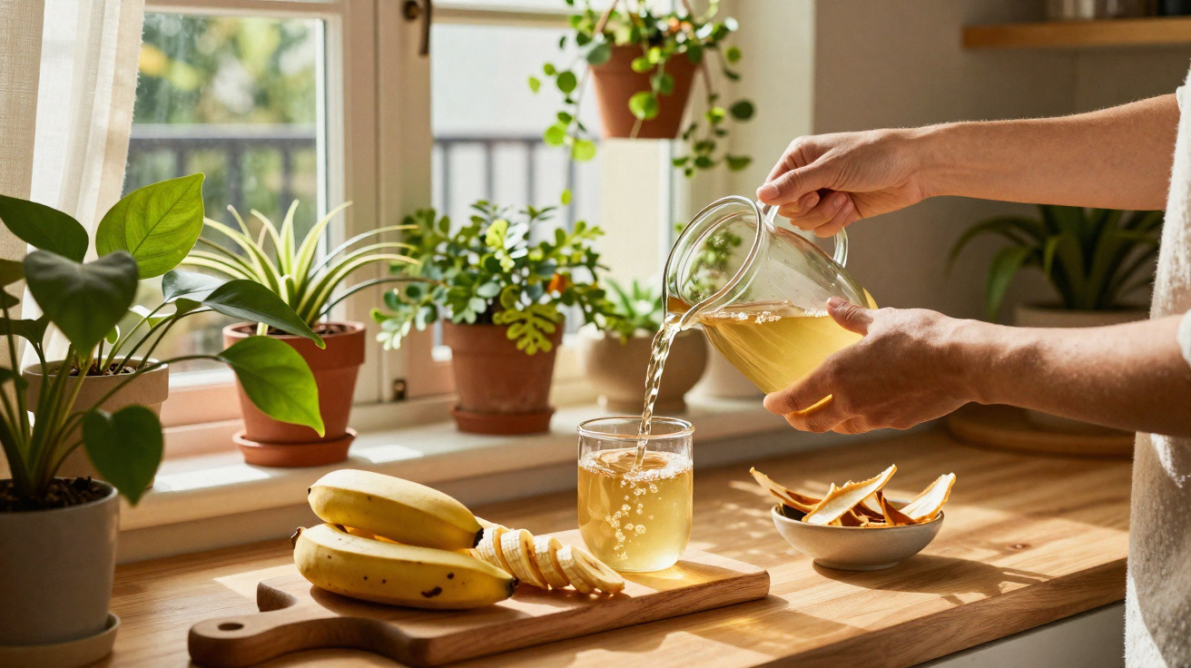 Mãos servindo suco em copo na cozinha com bananas e plantas ao fundo iluminados pela luz natural.