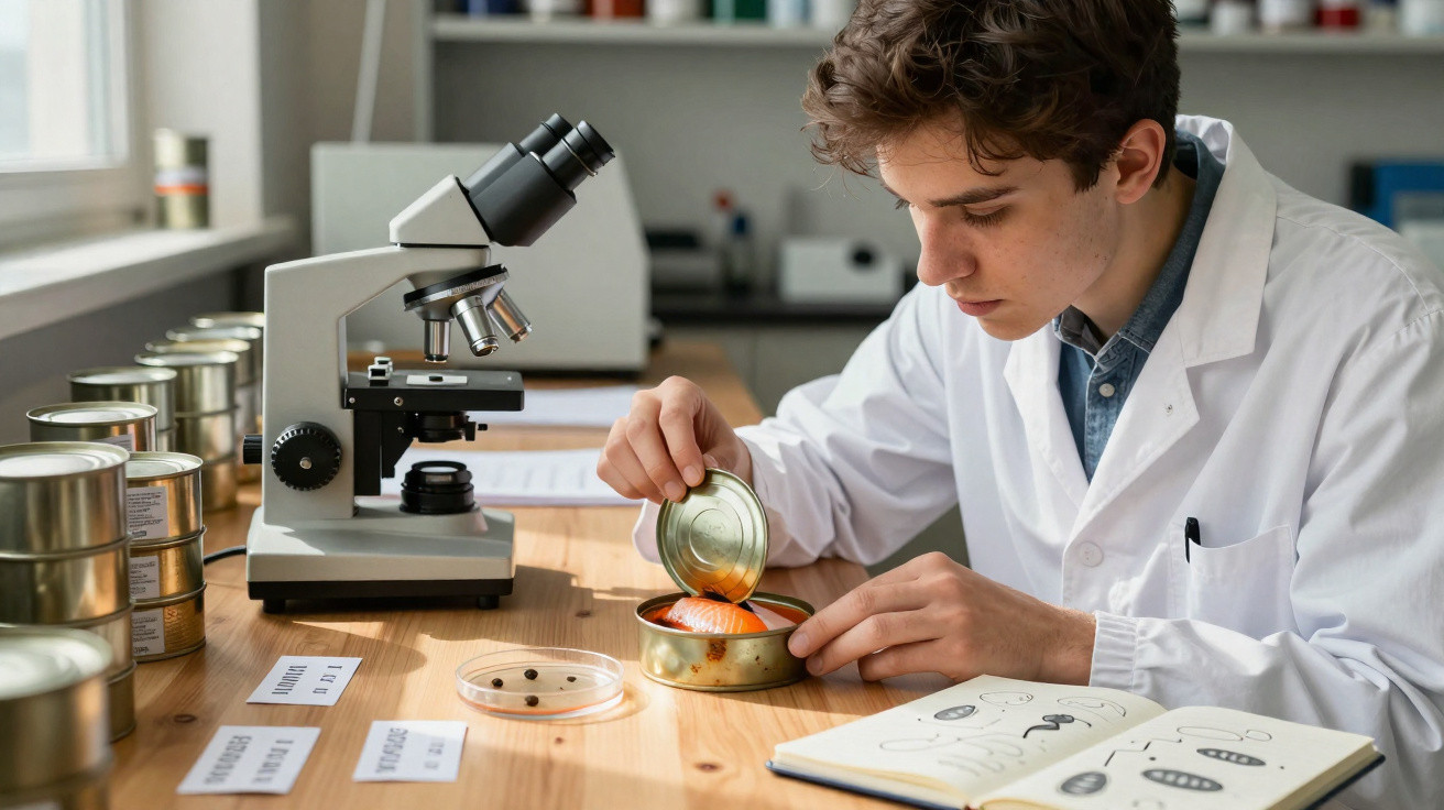 Jovem cientista analisando amostra de alimento enlatado em laboratório com microscópio e caderno de notas.