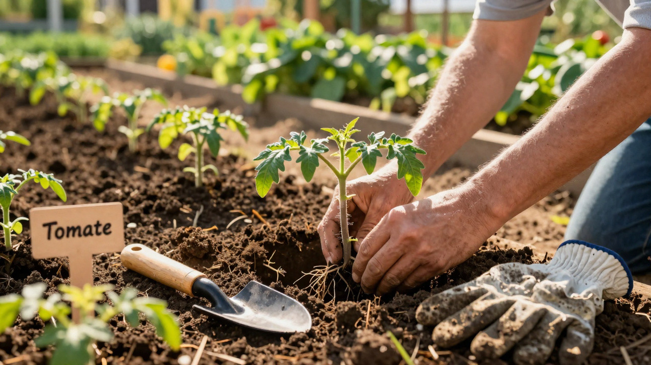 Mãos plantando muda de tomate em canteiro com pá de jardim e luvas ao lado sob luz natural.