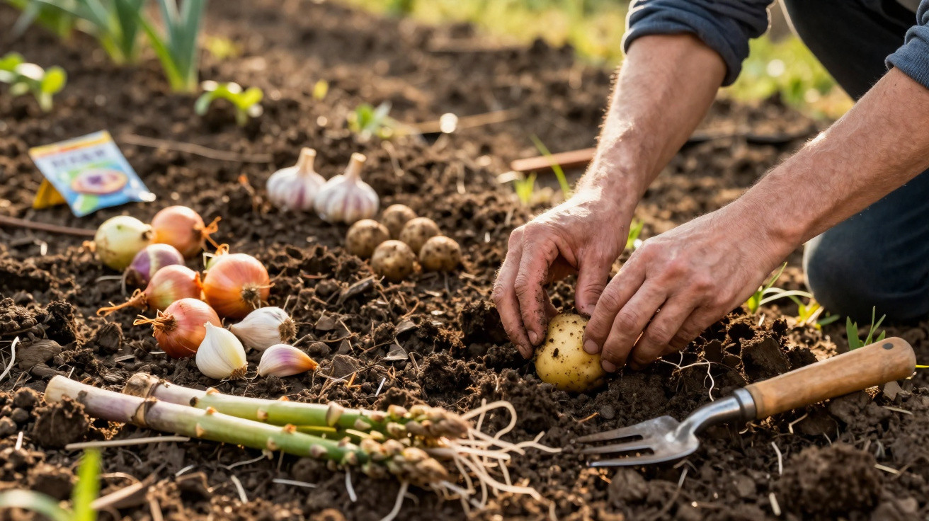 Mãos colhendo batatas na terra com cebolas, alho e aspargos ao redor no jardim.