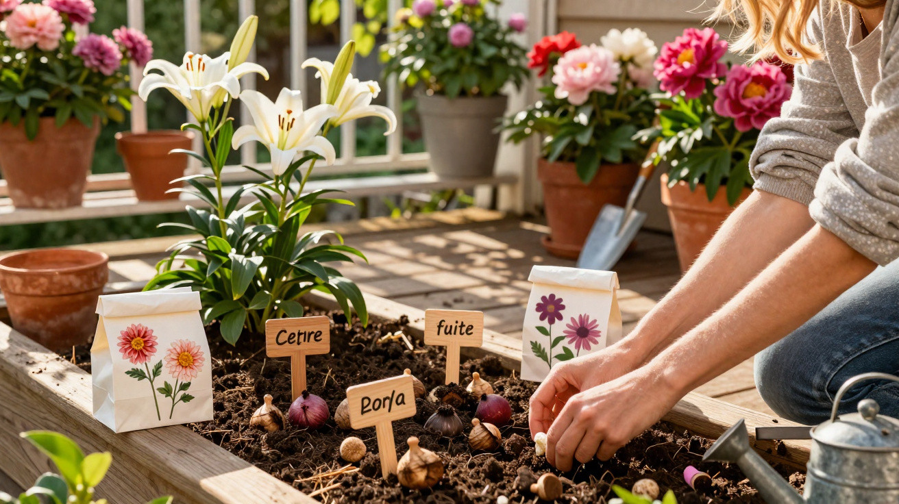 Pessoa plantando bulbos em canteiro com placas e flores em vaso ao fundo em varanda ensolarada.