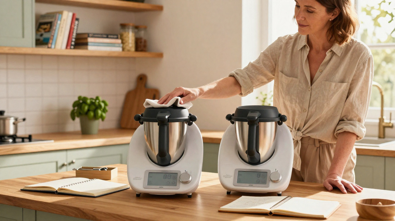 Mulher limpa duas panelas elétricas em cozinha moderna com cadernos abertos na bancada de madeira.