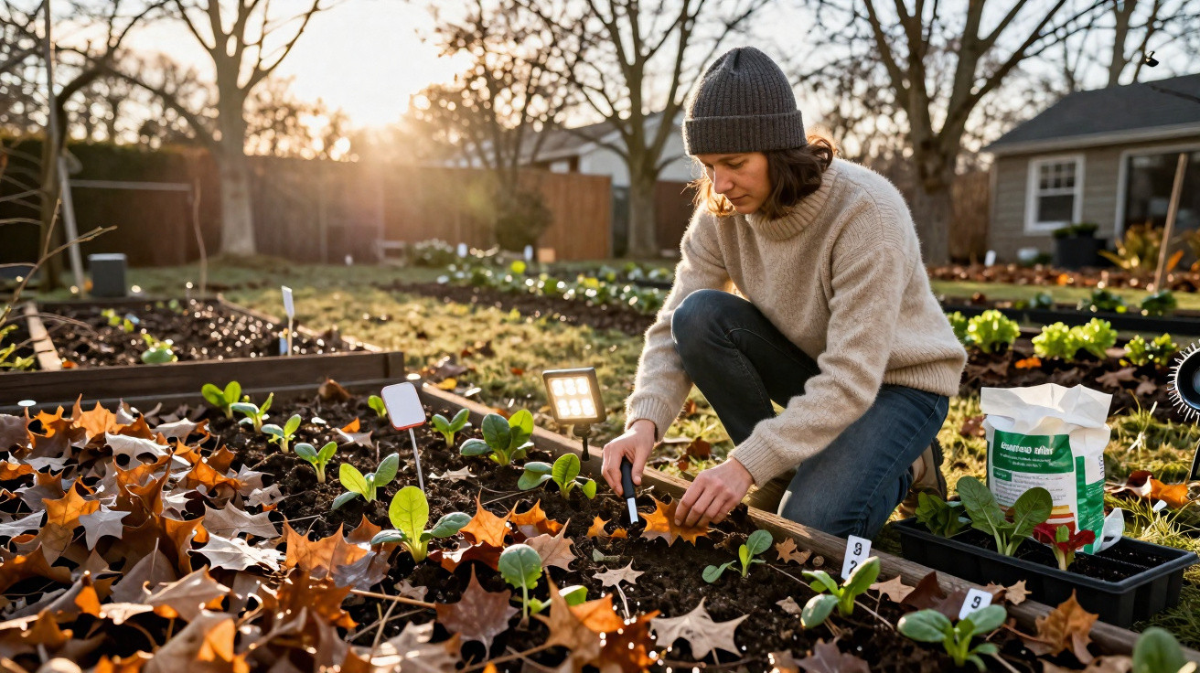 Mulher agachada cuidando de plantinhas em canteiro com folhas secas ao entardecer.