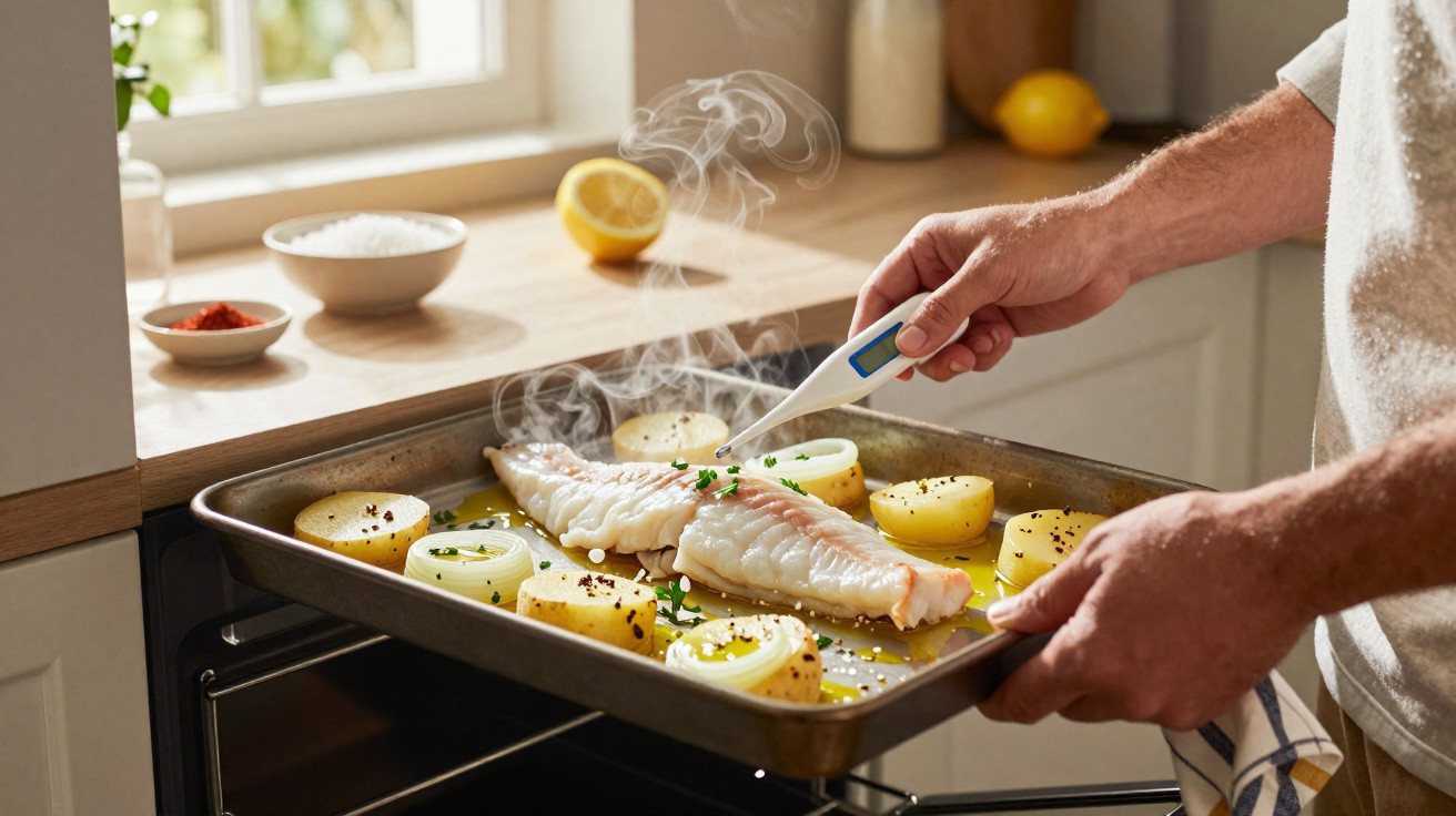 Pessoa segura assadeira com peixe assado, batatas e cebolas, medindo temperatura com termômetro na cozinha.