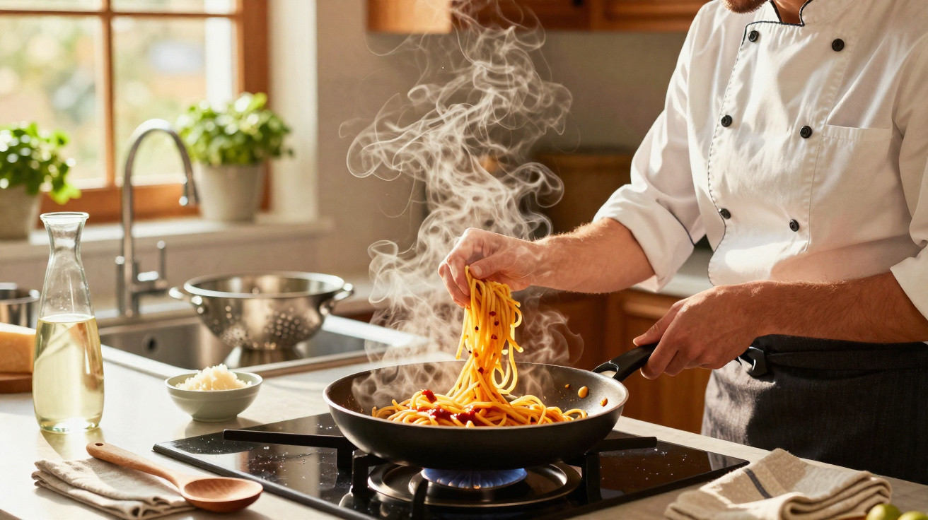 Cozinheiro enquanto prepara espaguete quente em frigideira com vapor em cozinha iluminada.