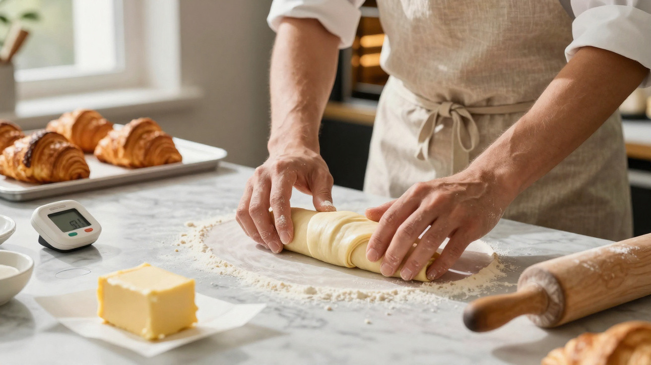 Pessoa enrolando massa folhada em bancada com ingredientes e croissants ao fundo na cozinha.