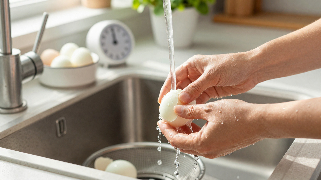 Mãos lavando ovo cozido em torneira na pia da cozinha com ovos na bandeja ao fundo.