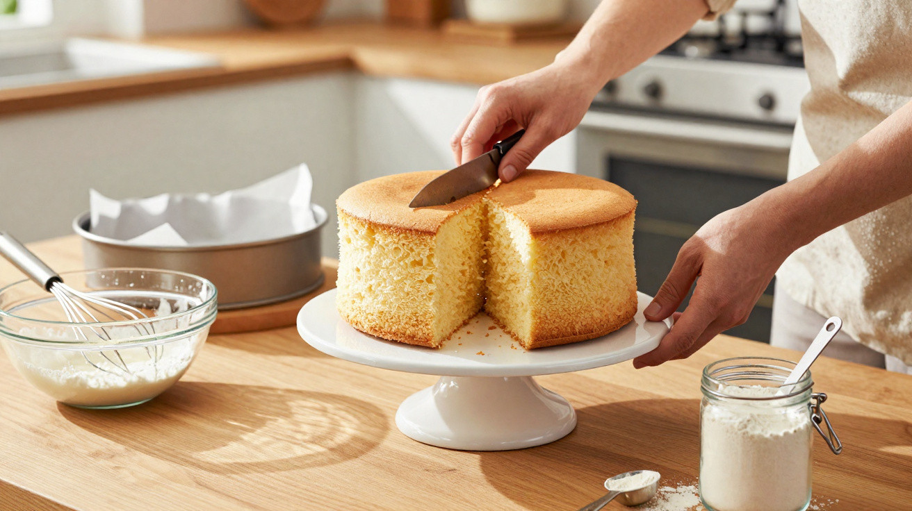 Pessoa cortando um bolo amarelo alto em uma cozinha com utensílios de confeitaria ao redor.