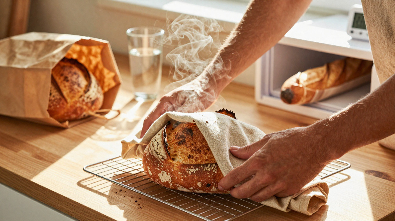 Pão artesanal quente sendo retirado do forno e colocado para esfriar sobre grade na cozinha iluminada.