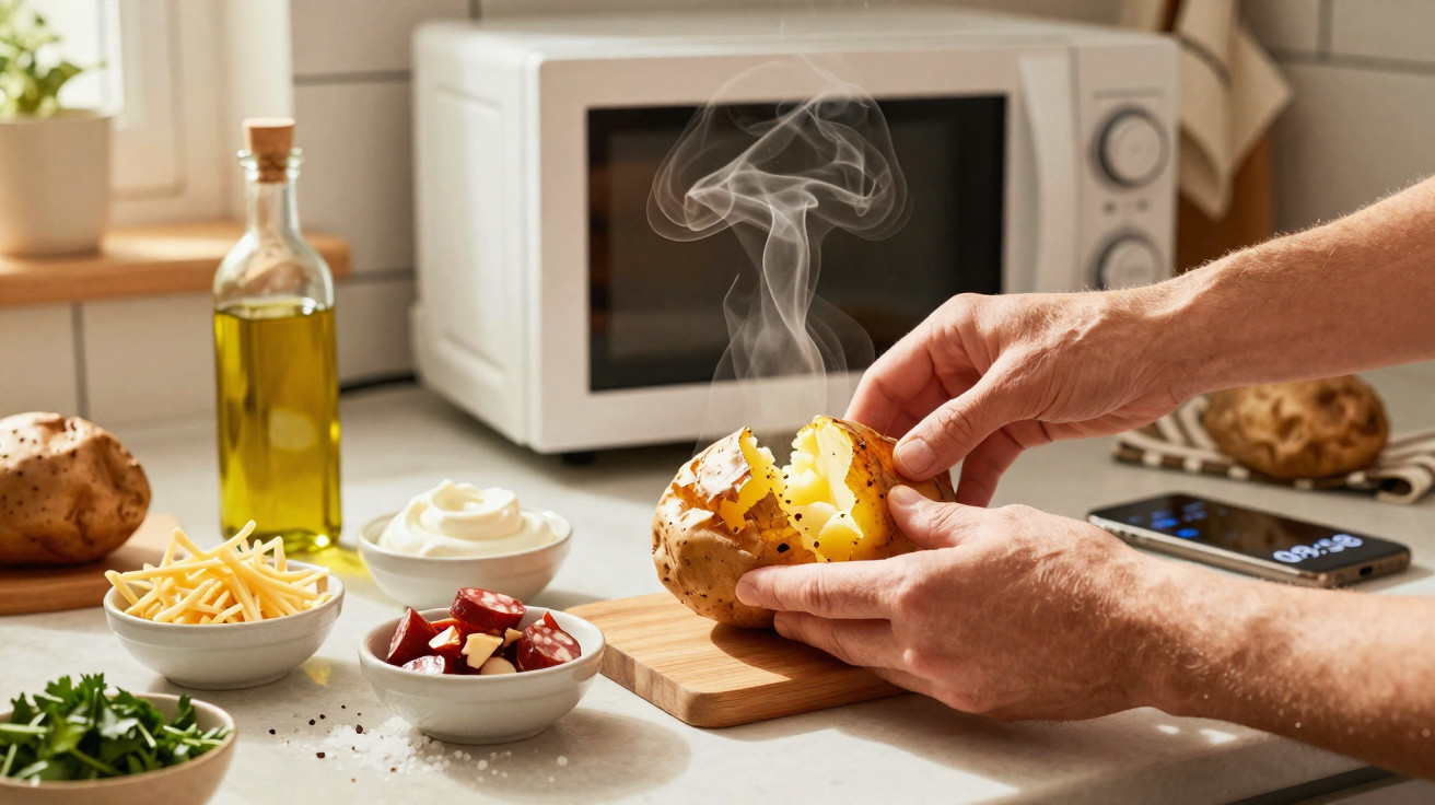 Mãos abrindo batata assada quente em cozinha com micro-ondas, azeite, maionese e ingredientes ao redor.