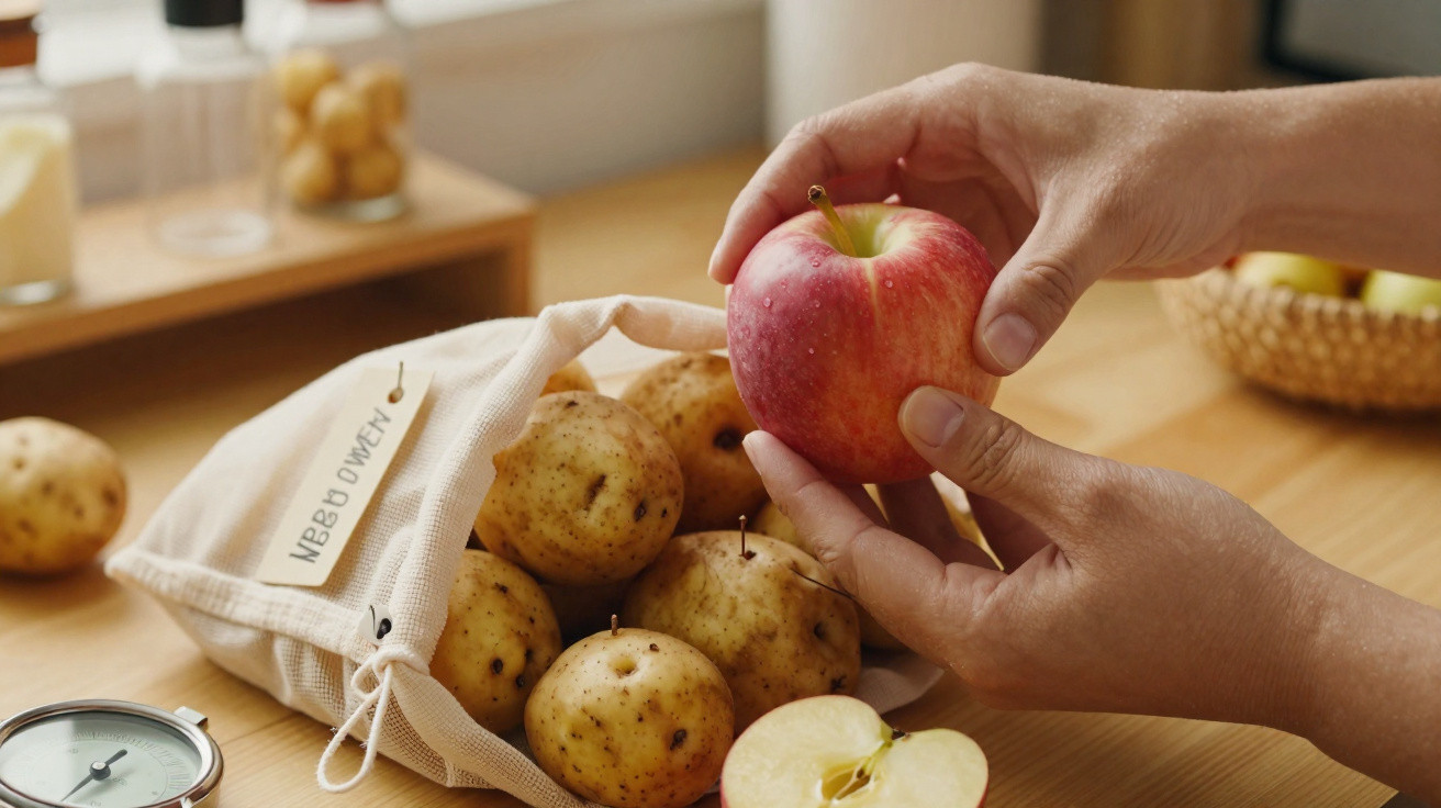 Mãos segurando maçã vermelha ao lado de saco com batatas sobre mesa de madeira clara.