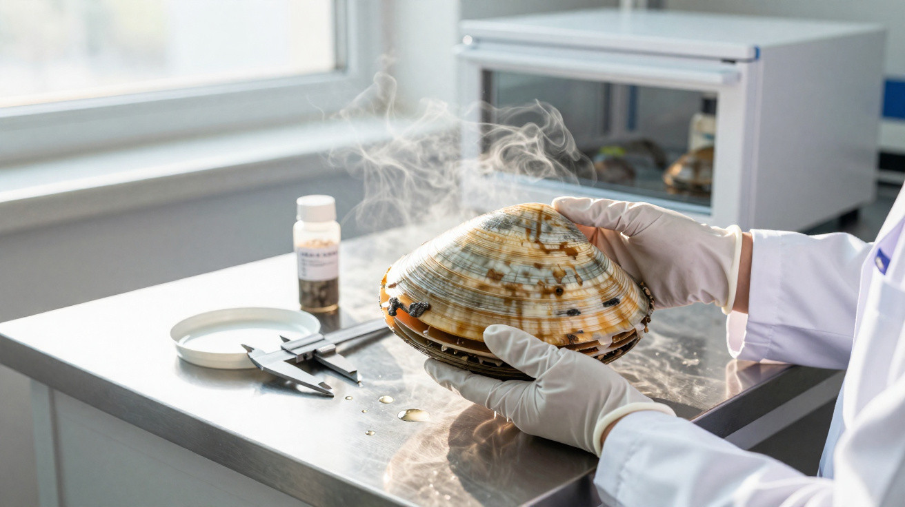 Pesquisador manuseia concha grande com luvas em laboratório com vapor saindo da concha.