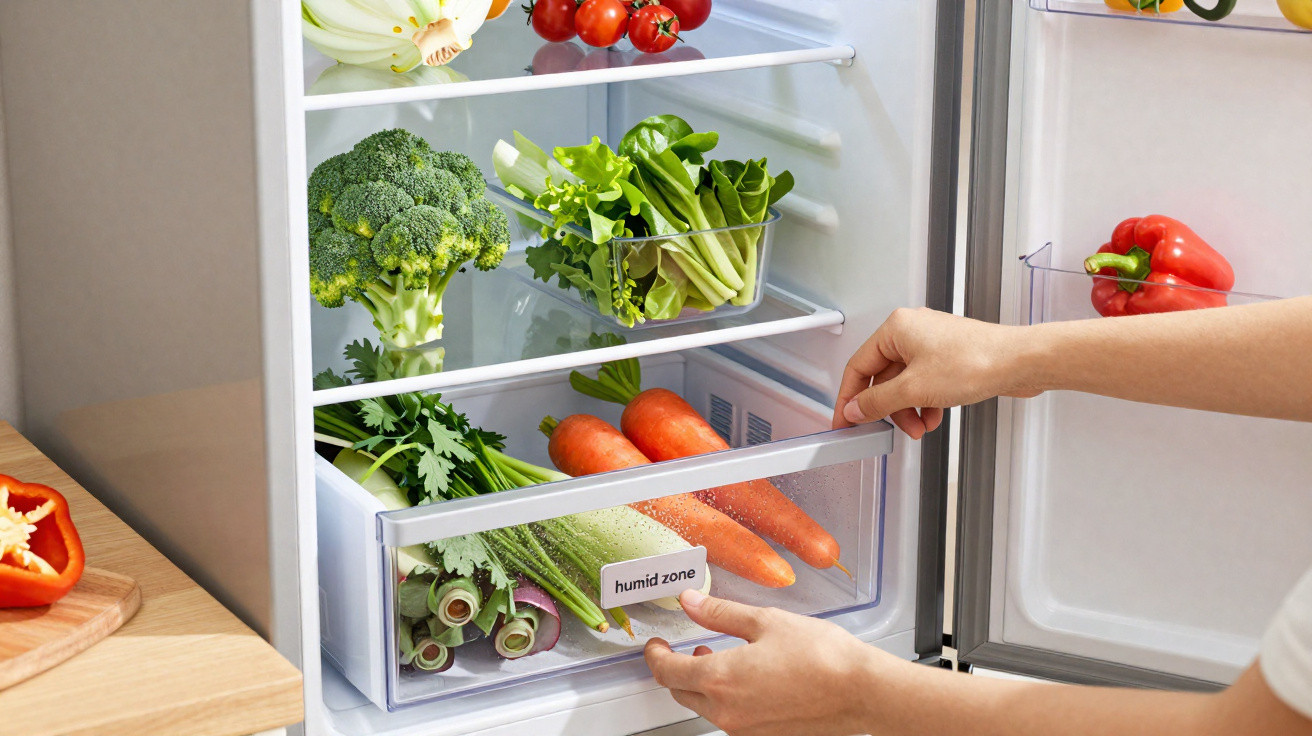 Mãos abrindo gaveta "humid zone" de geladeira com legumes e vegetais frescos organizados.