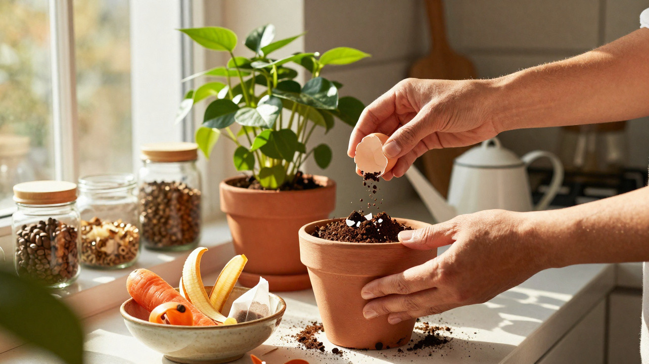 Mãos plantando sementes em vaso com subtis olhos de brinquedo, perto de frutas, vidro e planta em janela iluminada.