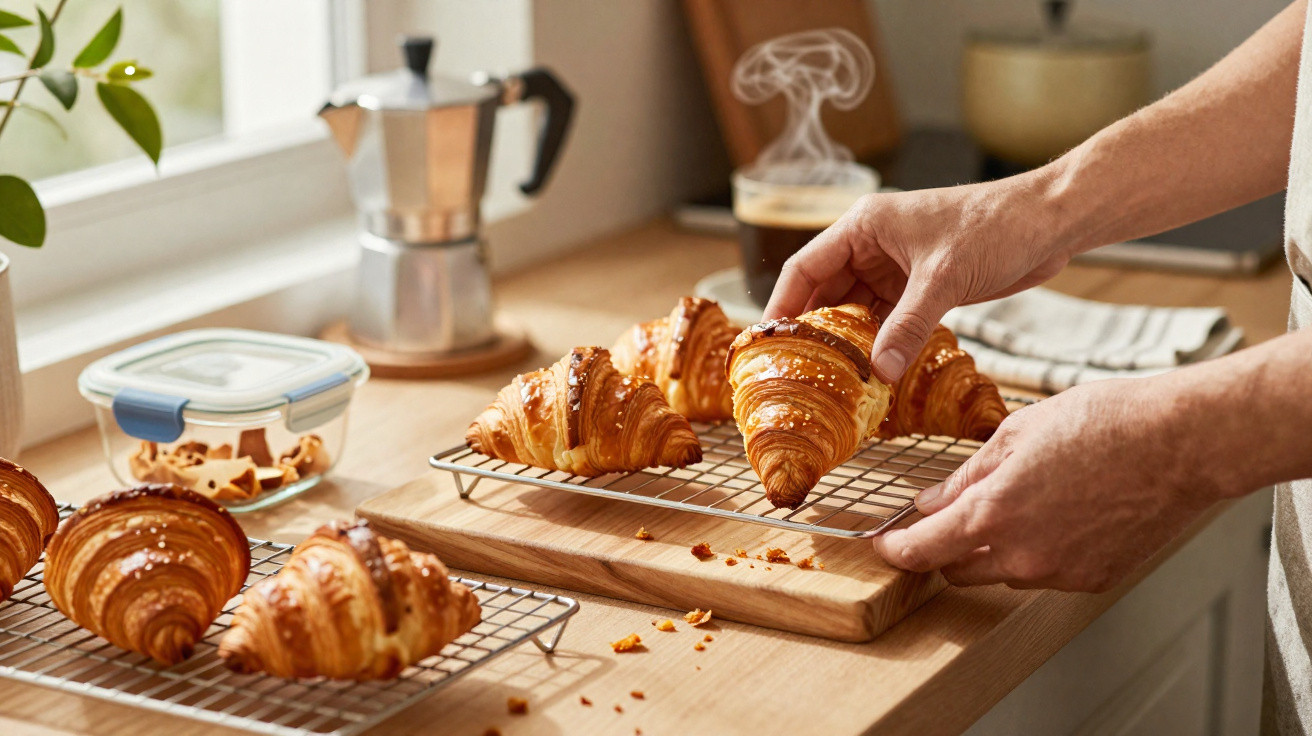 Mãos retirando croissant dourado fresco de grade de resfriamento na cozinha com cafeteira e café ao fundo.