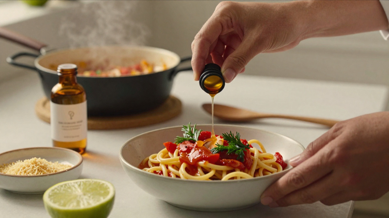 Pessoa colocando azeite em prato de espaguete com molho de tomate e ervas na mesa da cozinha.