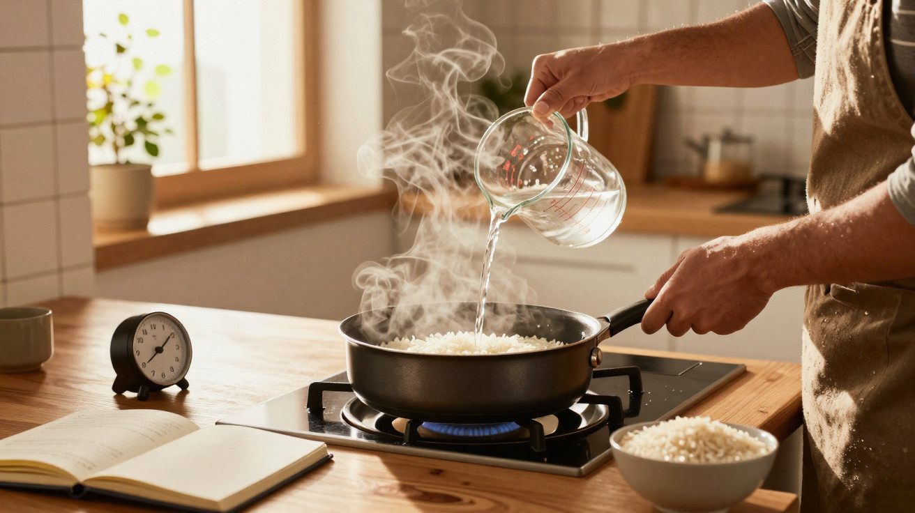 Pessoa adicionando água em panela com arroz cozinhando em fogão a gás na cozinha iluminada.