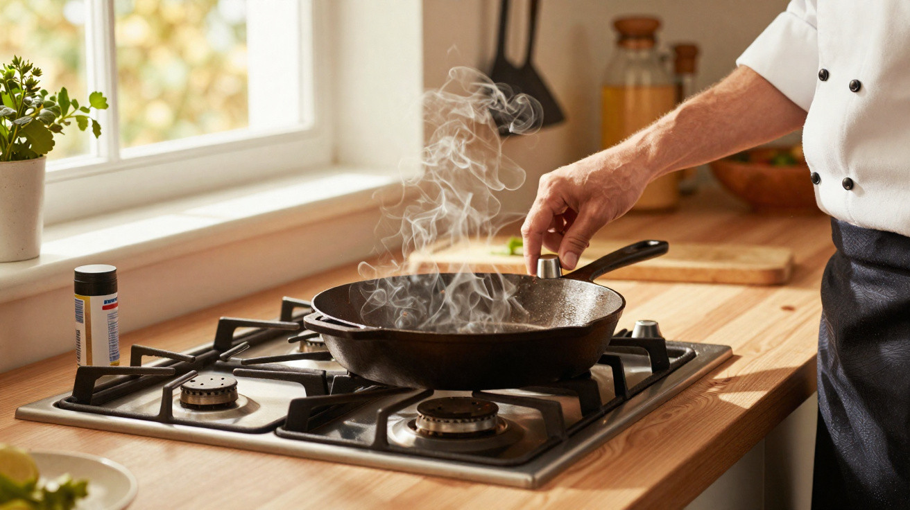 Mão de chef ajustando fogo em frigideira com fumaça no fogão a gás em cozinha clara e organizada.