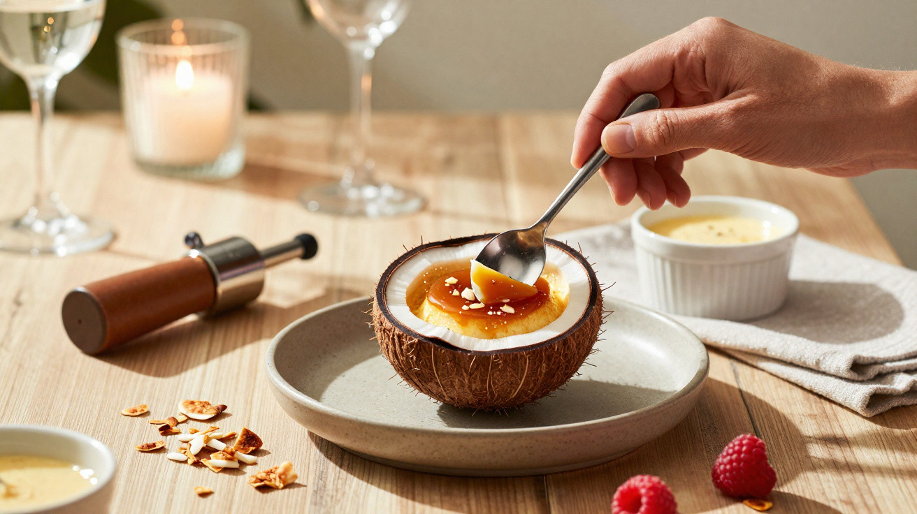 Mão segurando colher pegando sobremesa de coco com calda caramelo em mesa com velas e frutas.