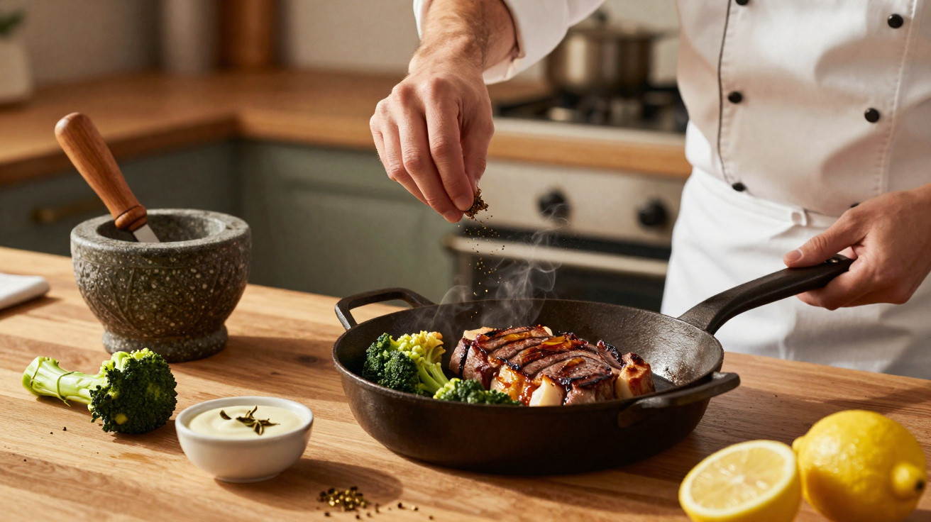 Chef temperando bife na frigideira com brócolis, perto de limões e um almofariz na bancada de madeira.