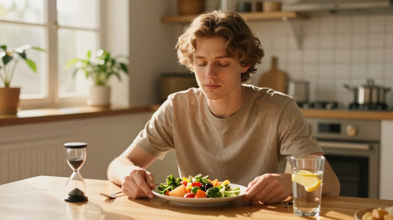 Jovem sentado à mesa com salada e copo de água com limão em cozinha iluminada pela luz natural.