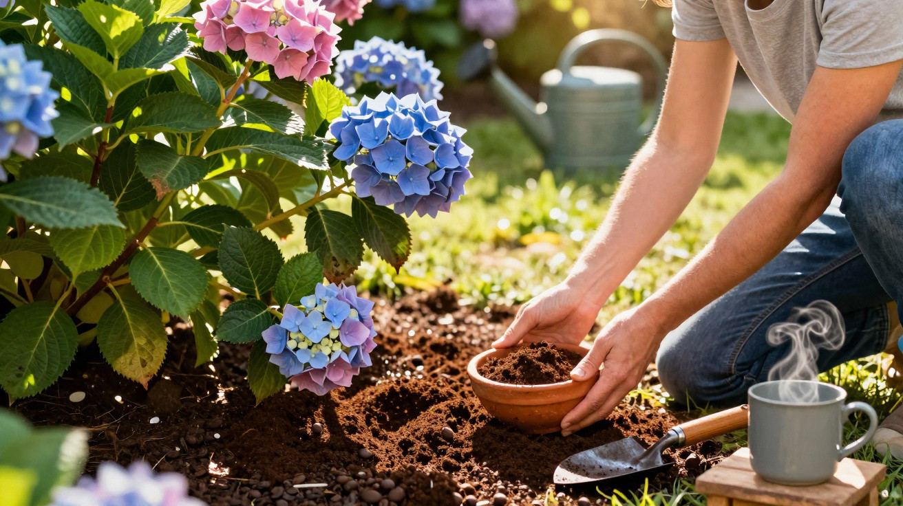 Pessoa preparando solo para plantar flores hortênsias rosas e azuis em jardim ensolarado.
